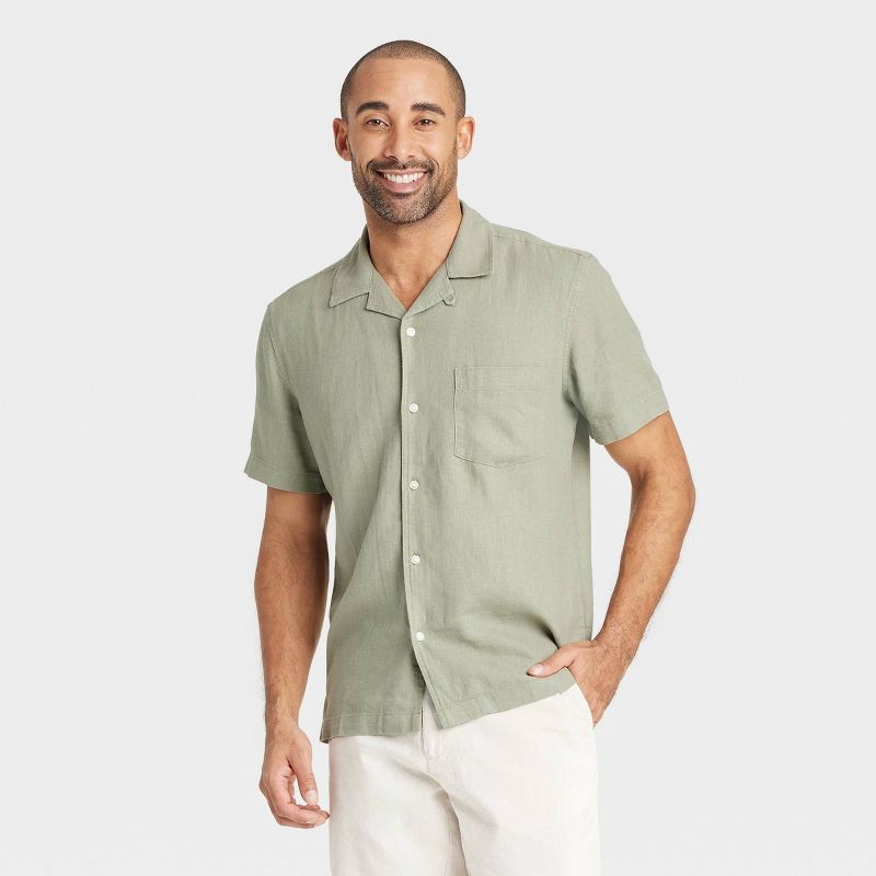 slide 1 of 3, Men's Vintage Short Sleeve Camp Shirt - Goodfellow & Co™ Olive Green XL: Linen Rayon Blend, Button Down, 1 ct