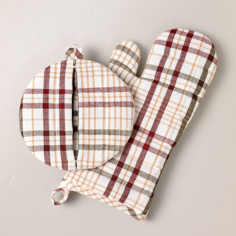 slide 3 of 3, Hearth & Hand with Magnolia Set of 2 Fall Plaid Oven Mitts Burgundy/Brown - Hearth & Hand™ with Magnolia, 1 ct