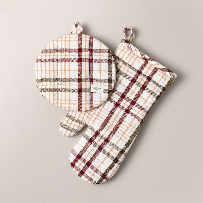 slide 1 of 3, Hearth & Hand with Magnolia Set of 2 Fall Plaid Oven Mitts Burgundy/Brown - Hearth & Hand™ with Magnolia, 1 ct