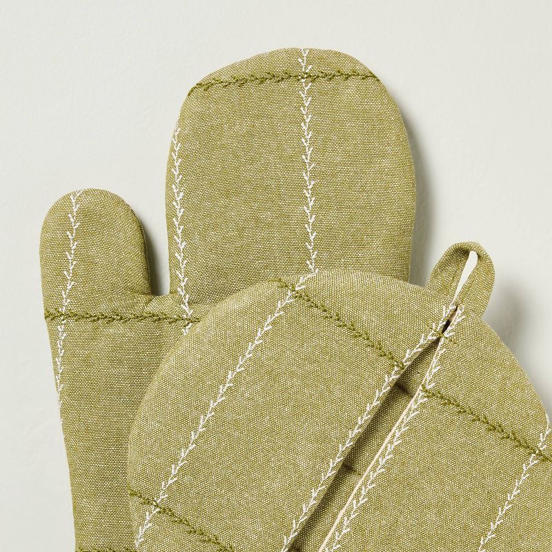 slide 3 of 3, Hearth & Hand with Magnolia Set of 2 Faux Stitched Grid Oven Mitts Green - Hearth & Hand™ with Magnolia, 1 ct