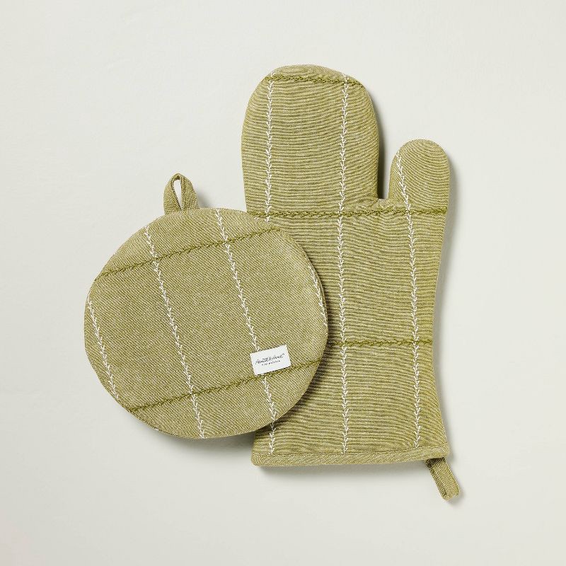 slide 1 of 3, Hearth & Hand with Magnolia Set of 2 Faux Stitched Grid Oven Mitts Green - Hearth & Hand™ with Magnolia, 1 ct