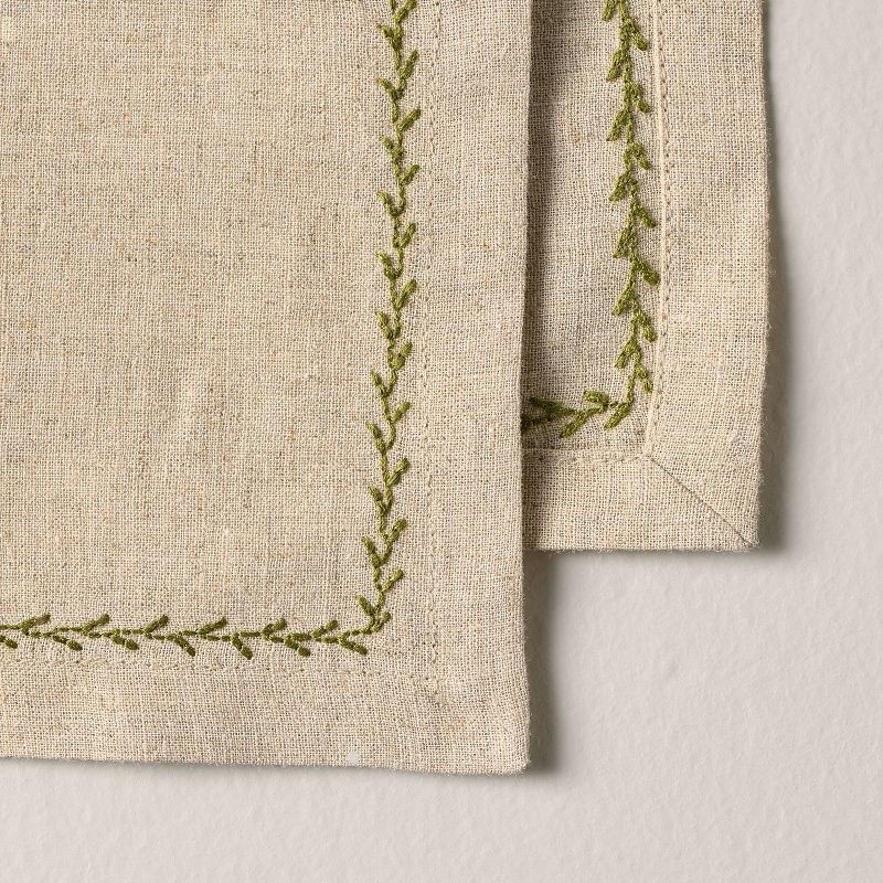 slide 3 of 3, Hearth & Hand with Magnolia Set of 4 Embroidered Border Cloth Cocktail Napkins Natural/Green - Hearth & Hand™ with Magnolia, 1 ct