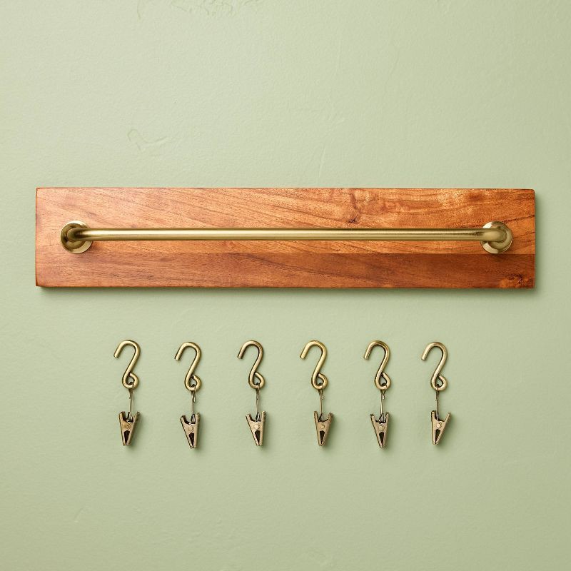 slide 3 of 3, Hearth & Hand with Magnolia Brass and Wood Wall Rail with Clips - Hearth & Hand™ with Magnolia, 1 ct