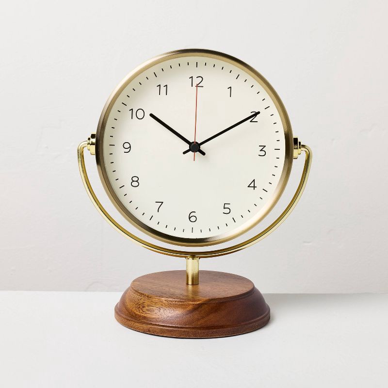 slide 1 of 3, Hearth & Hand with Magnolia Brass Table Clock with Wood Base - Hearth & Hand™ with Magnolia, 1 ct