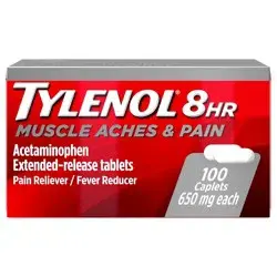 Tylenol 8 Hour Muscle Aches & Pain Relief Extended-Release Tablets with 650 mg Acetaminophen, Fever Reducer & Pain Medicine for Muscles, Joints, Body, and Backache Pain Relief, 100 Count