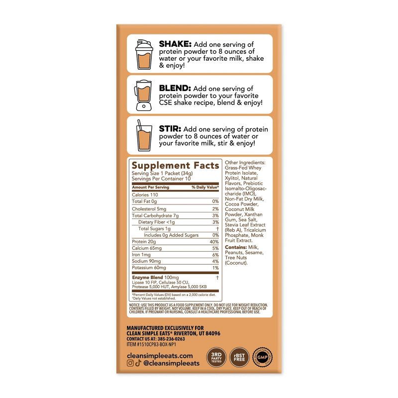 slide 9 of 9, Clean Simple Eats Protein Powder Sticks - Chocolate Peanut Butter - 12oz/10ct, 10 ct; 12 oz