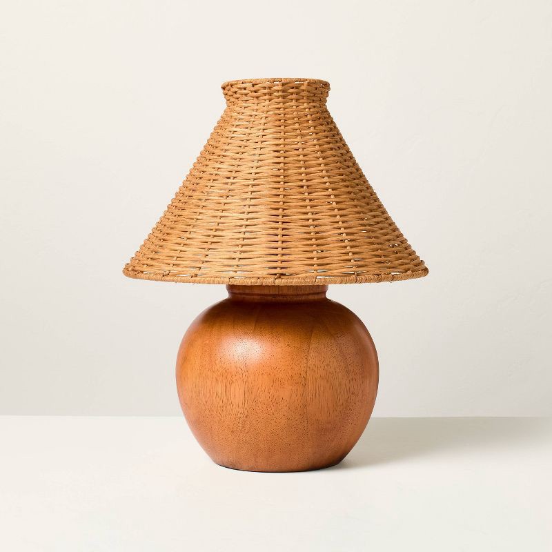 slide 1 of 4, Hearth & Hand with Magnolia Wood Base with Rattan Shade Accent Table Lamp - Hearth & Hand™ with Magnolia, 1 ct