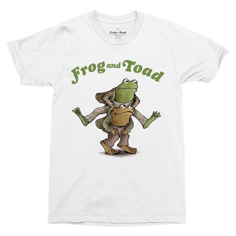 slide 1 of 3, Men's Frog and Toad Piggy Back Graphic T-Shirt - White L: Cotton Polyester Crew Neck Pullover, 1 ct