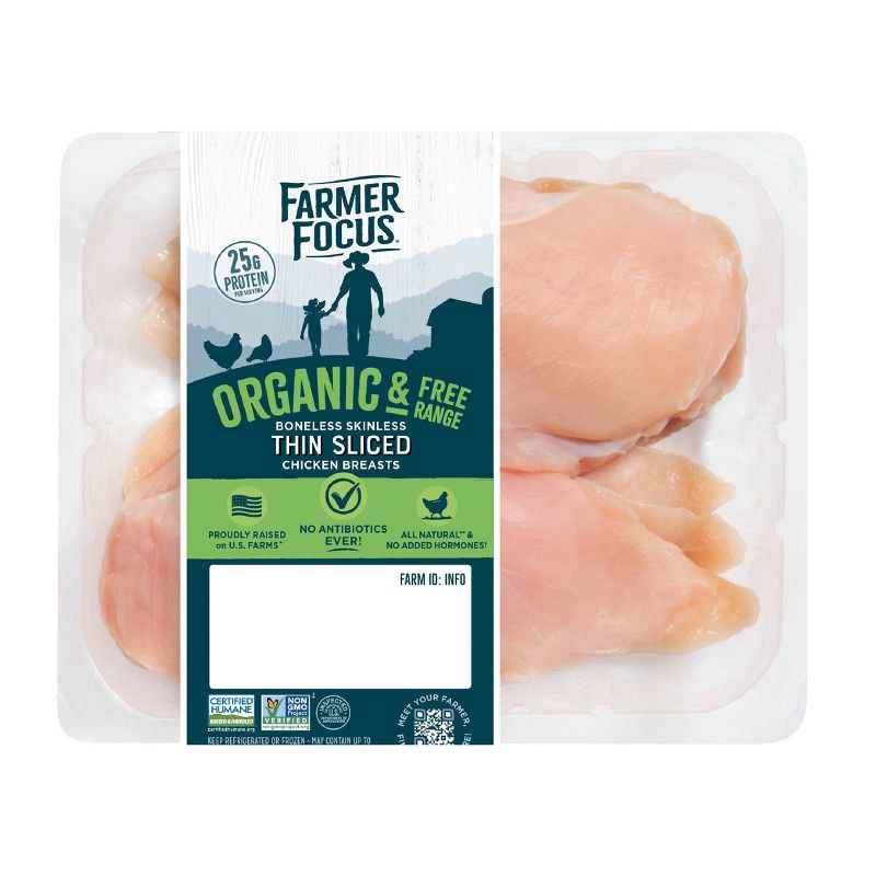 slide 1 of 4, Farmer Focus Organic Boneless Skinless Thin Sliced Chicken Breast - 0.75-1.67lbs - price per lb, per lb