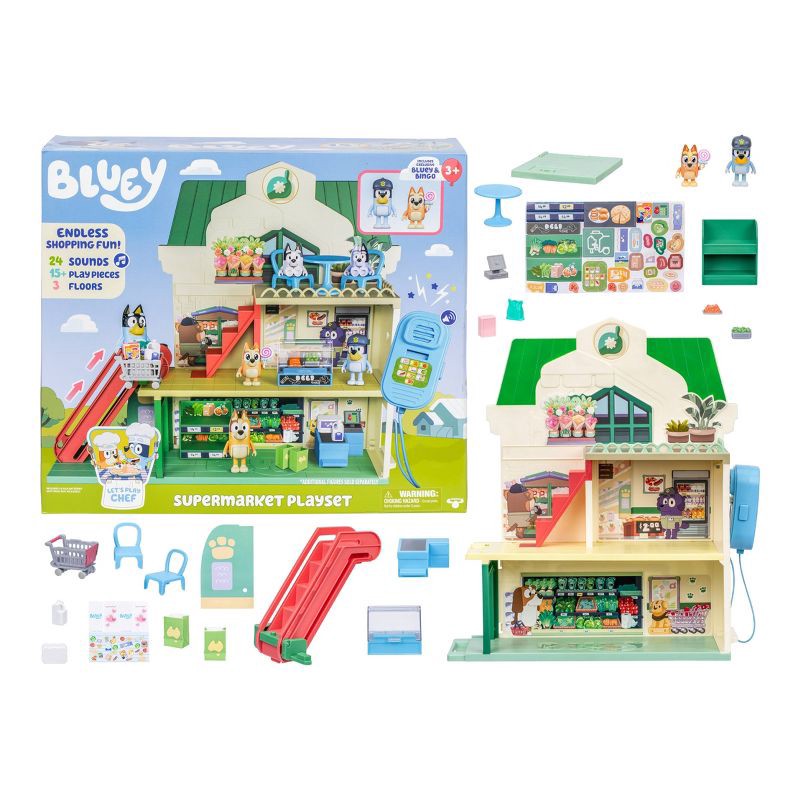 slide 18 of 18, Bluey Let's Play Chef Supermarket Playset - 22pk: Includes Sound Effects, Stickers, and 2 Figures, 22 ct