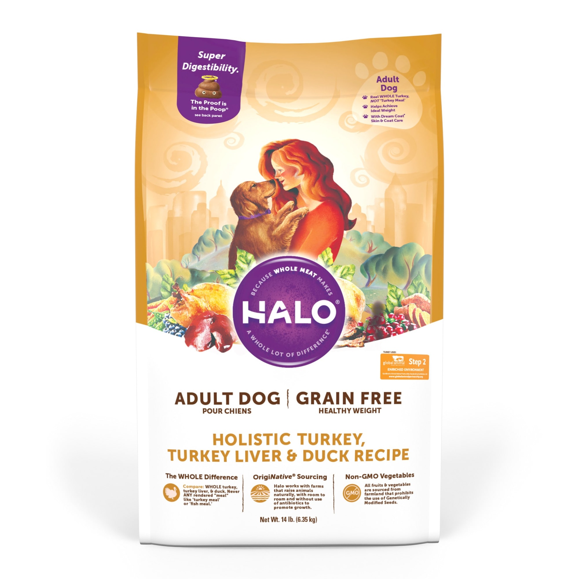 slide 1 of 1, Halo Grain Free Healthy Weight Holistic Turkey, Turkey Liver and Duck Dry Dog Food, 14 lb