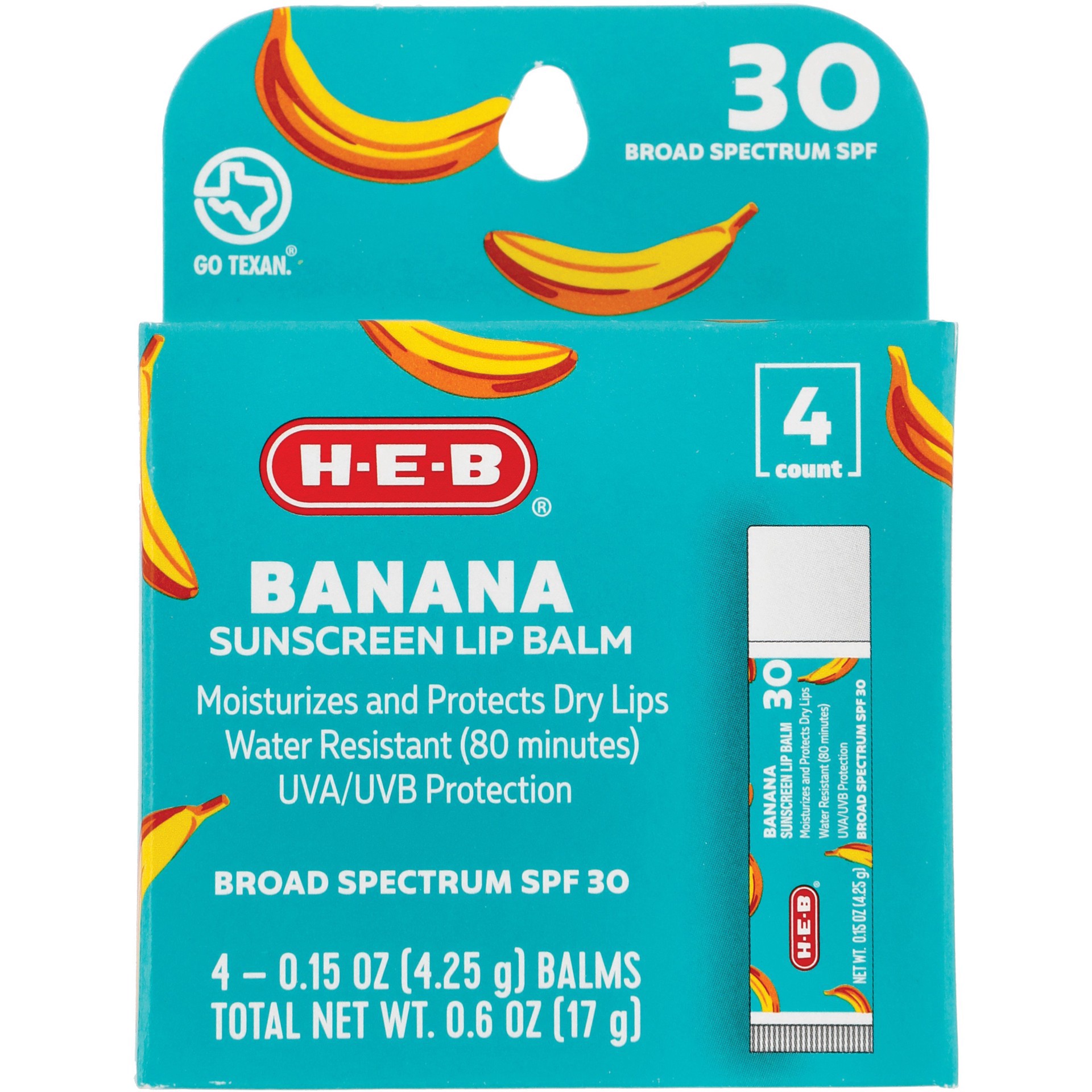 slide 1 of 1, H-E-B Banana Sunscreen Lip Balm - SPF 30, 4 ct