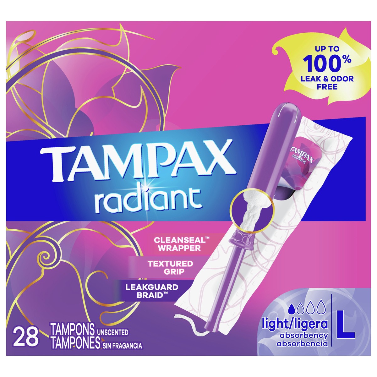 slide 3 of 6, Tampax Radiant Light Absorbency Tampons Plastic Applicator and LeakGuard Braid - Unscented - 28ct, 28 ct