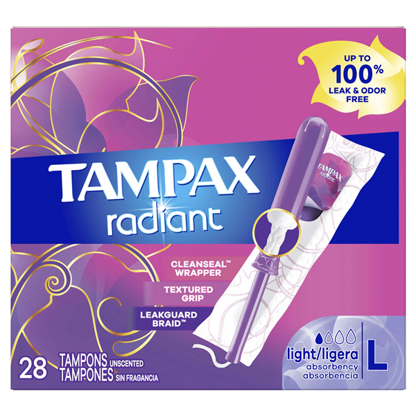 slide 1 of 1, Tampax Radiant Light Absorbency Tampons with BPA-Free Plastic Applicator and LeakGuard Braid - Unscented, 28 ct
