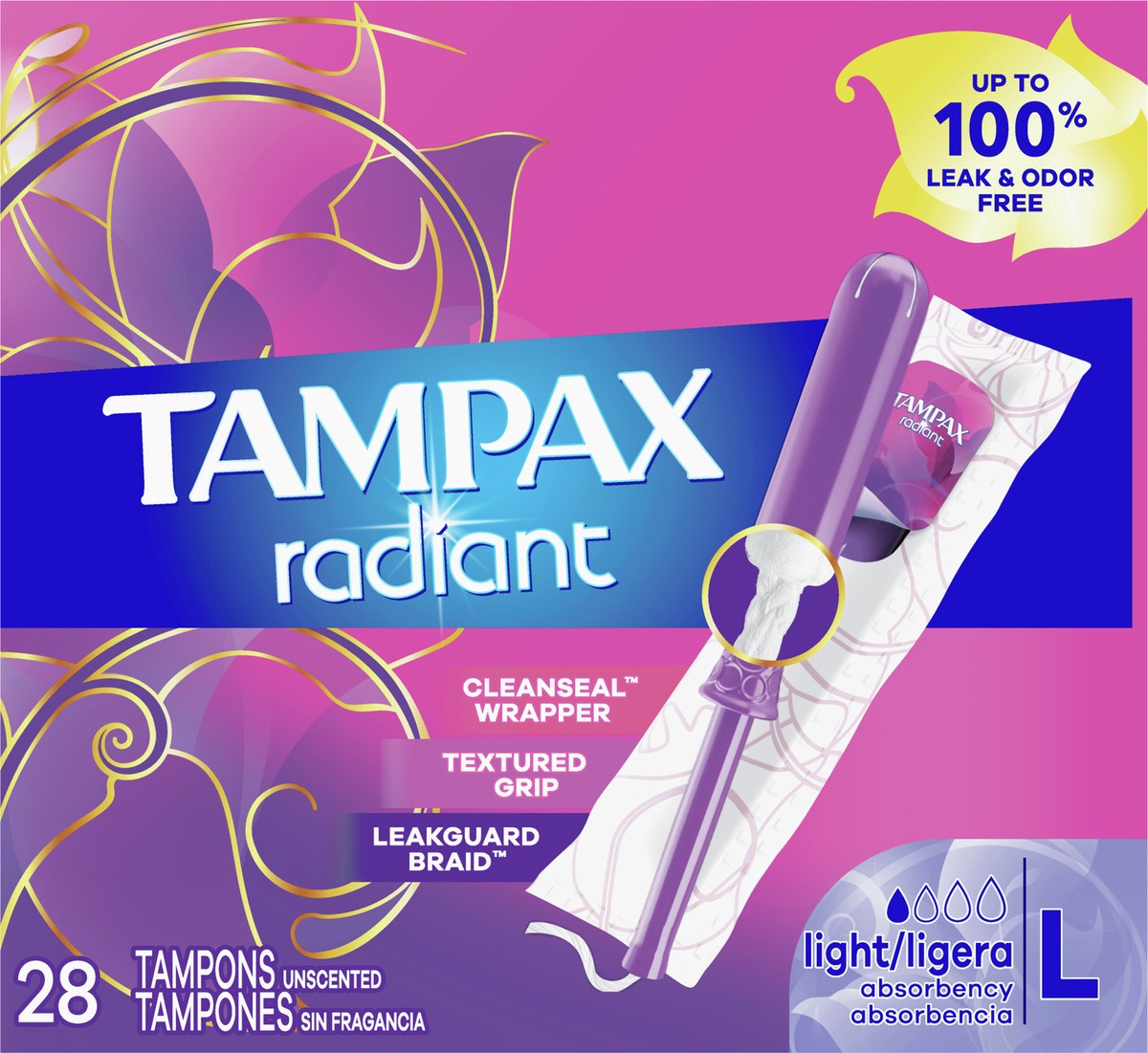 slide 6 of 6, Tampax Radiant Light Absorbency Tampons Plastic Applicator and LeakGuard Braid - Unscented - 28ct, 28 ct
