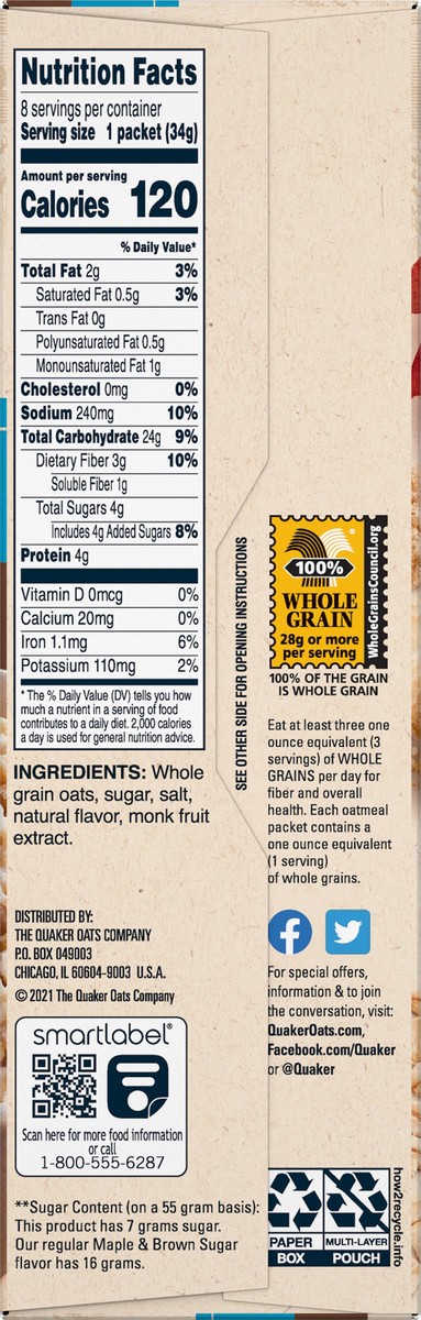 slide 6 of 6, Quaker Instant Oatmeal Maple & Brown Sugar 1.19 Oz 8 Count, 8 ct