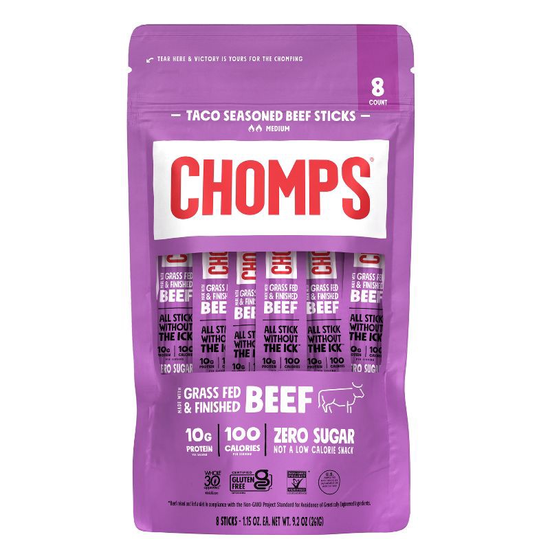 slide 1 of 7, Chomps Snack Sticks Taco Beef Sticks - 9.2oz/8ct, 9.2 oz, 8 ct