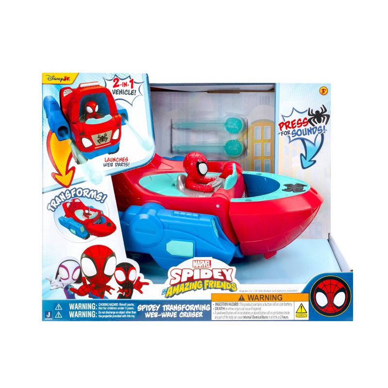 slide 2 of 9, Spidey and His Amazing Friends Land and Sea Cruiser Toy Vehicle: 1:8 Scale, 3 Pieces, Battery-Powered Plastic Boat & Car, 3 ct