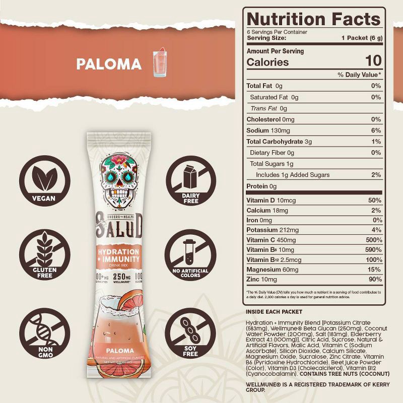 slide 4 of 6, Salud Hydration + Immunity Paloma Electrolyte Drink Mix - 6pk/0.21oz Packet Sticks, 6 ct, 0.21 oz