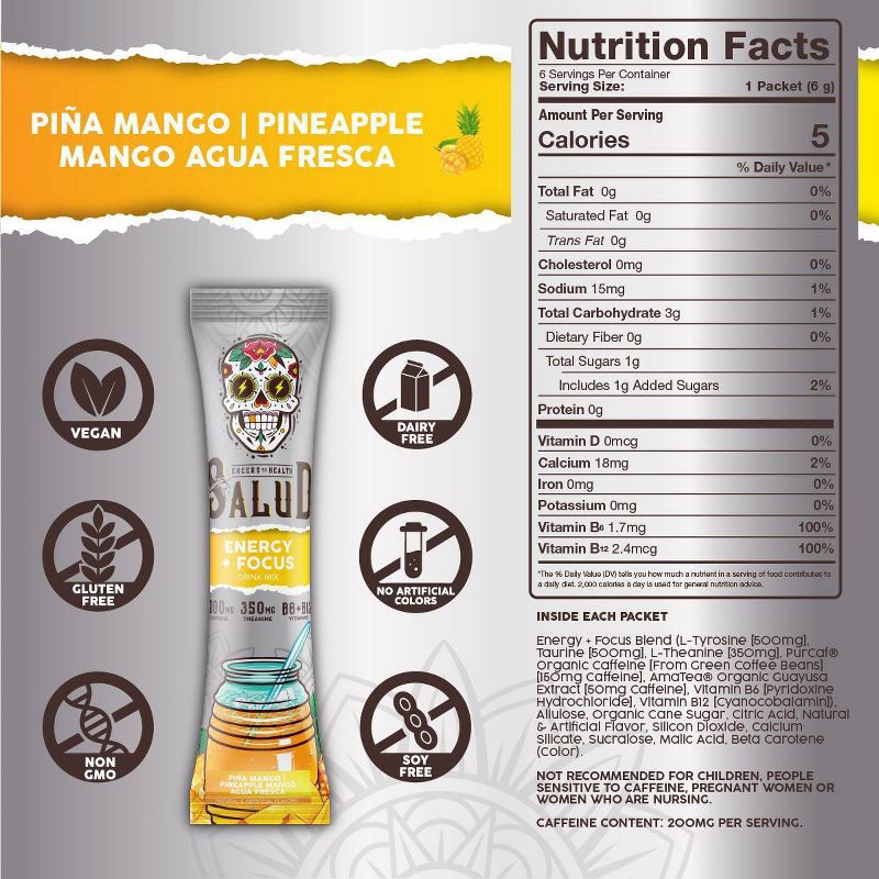 slide 4 of 6, Salud Energy + Focus Pineapple Mango Electrolyte Drink Mix - 6pk/0.21oz Packet Sticks, 6 ct, 0.21 oz