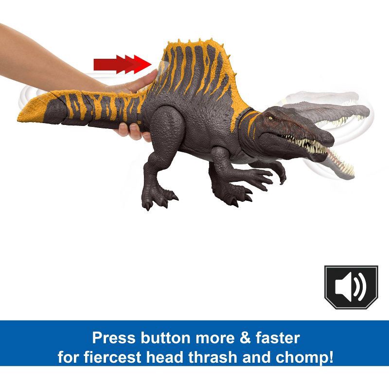 slide 3 of 6, Jurassic World Rebirth Tail Thrasher Spinosaurus Action Figure, Dinosaur Toy with 2 Attack Moves, 1 ct