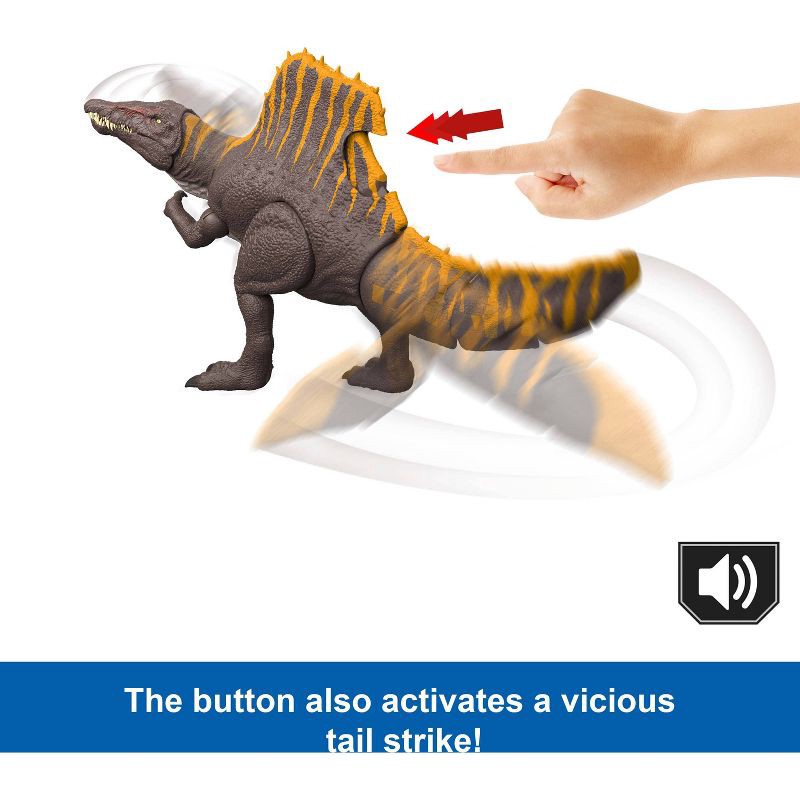 slide 4 of 6, Jurassic World Rebirth Tail Thrasher Spinosaurus Action Figure, Dinosaur Toy with 2 Attack Moves, 1 ct