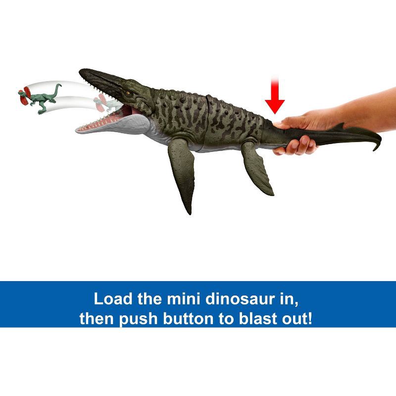 slide 4 of 6, Jurassic World Rebirth Bite N Blast Mosasaurus Action Figure and Mini Dilophosaurus, Dinosaur Toy, 1 ct
