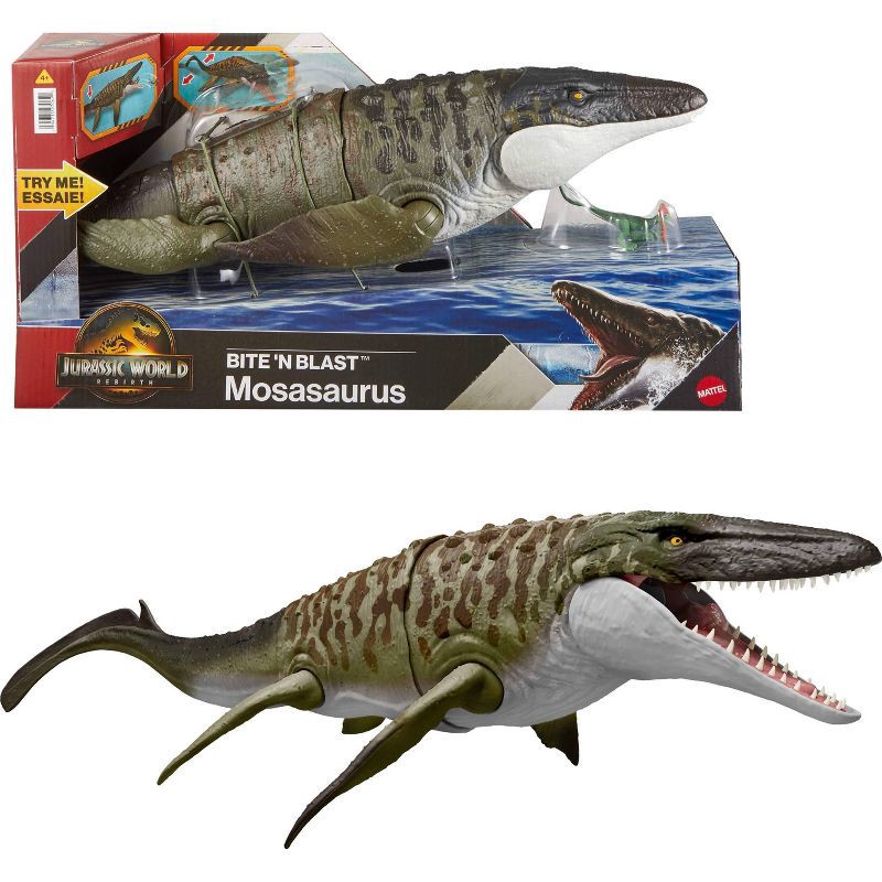 slide 1 of 6, Jurassic World Rebirth Bite N Blast Mosasaurus Action Figure and Mini Dilophosaurus, Dinosaur Toy, 1 ct