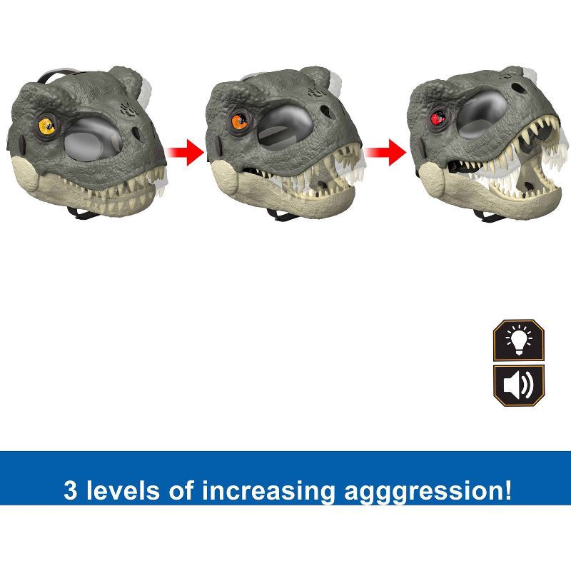 slide 3 of 6, Jurassic World Rebirth T-Rex Rage N Roar Mask with LED Light Up Eyes Feature, 3 Level Effects, 1 ct