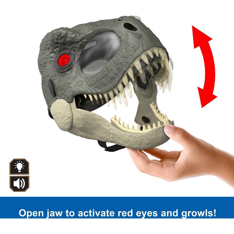 slide 4 of 6, Jurassic World Rebirth T-Rex Rage N Roar Mask with LED Light Up Eyes Feature, 3 Level Effects, 1 ct