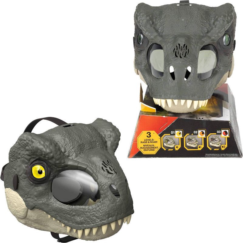 slide 1 of 6, Jurassic World Rebirth T-Rex Rage N Roar Mask with LED Light Up Eyes Feature, 3 Level Effects, 1 ct