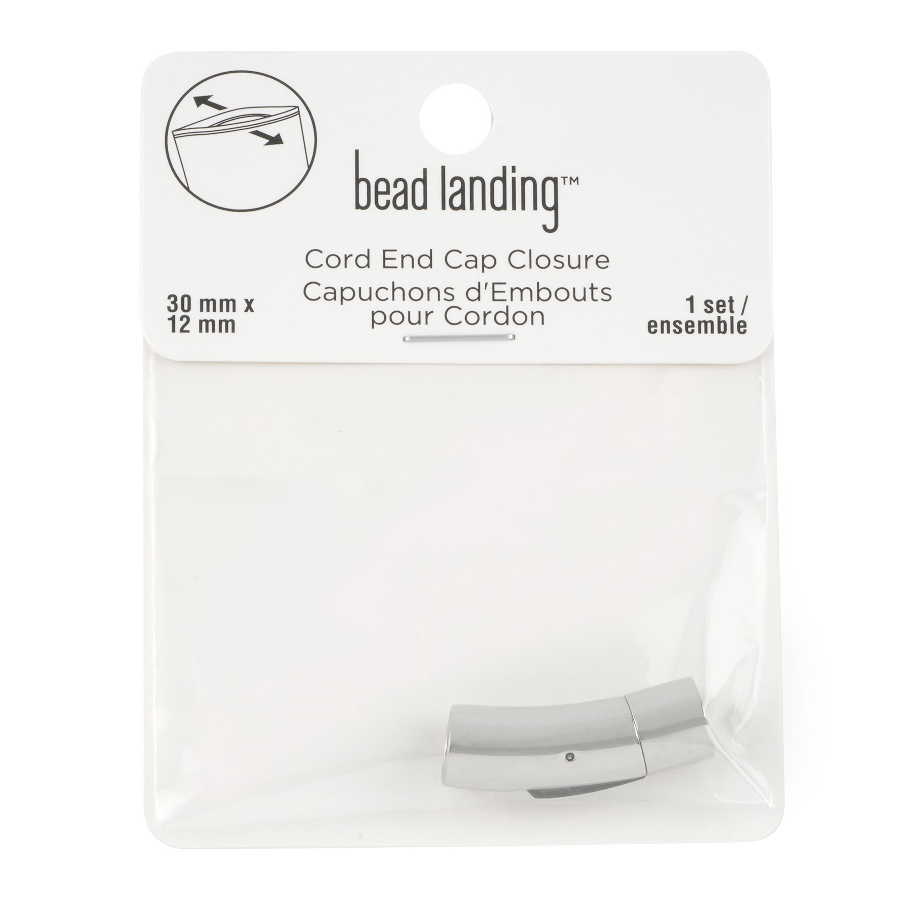 slide 3 of 3, Rhodium Cord End Cap Closure Set By Bead Landing, 30mm x 12mm