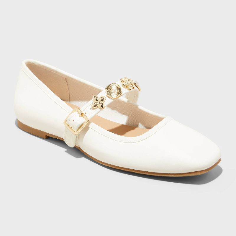 slide 1 of 4, Women's Rebecca Embellished Strap Mary Jane Flats with Memory Foam Insole - A New Day™ Ivory 8: Buckle Closure, Textured Outsole, 1 ct