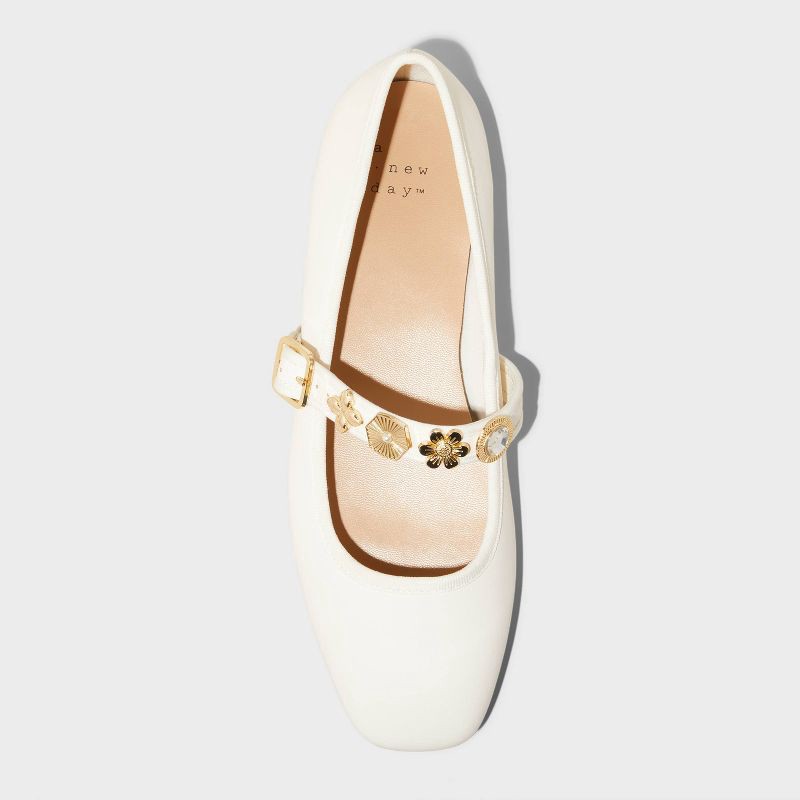 slide 3 of 4, Women's Rebecca Embellished Strap Mary Jane Flats with Memory Foam Insole - A New Day™ Ivory 8: Buckle Closure, Textured Outsole, 1 ct
