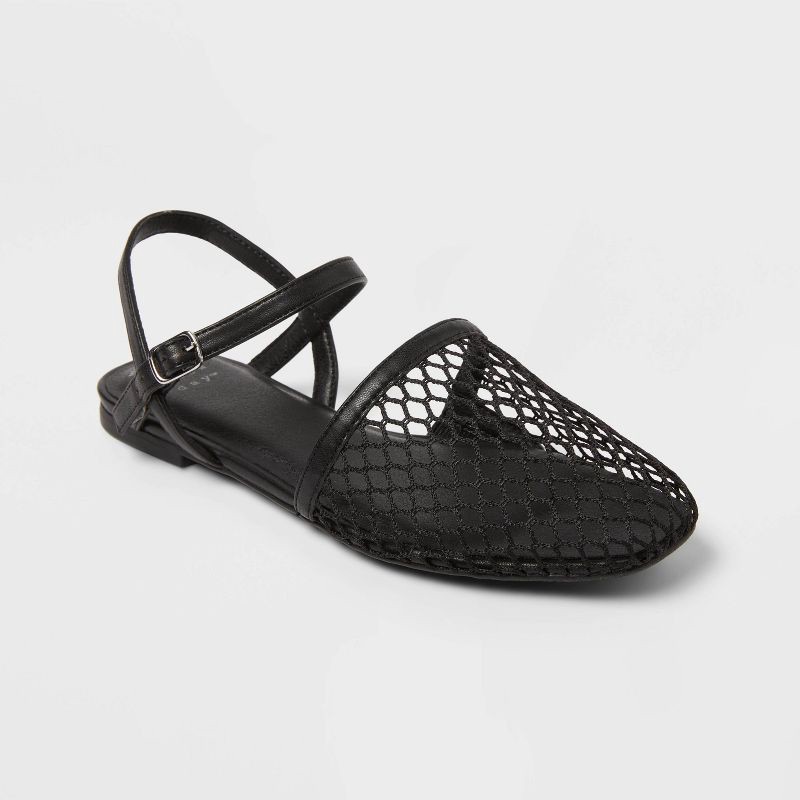 slide 1 of 4, Women's Vanna Fishnet Slingback Flats with Memory Foam Insole - A New Day™ Black 8: Mesh Almond Toe, Buckle Closure, 1 ct