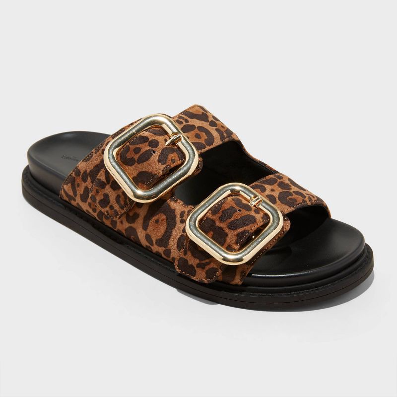 slide 1 of 4, Women's Collin Slide Sandals - Universal Thread™ Brown Leopard 8: Open Toe, Contoured Footbed, Faux Suede, 1 ct