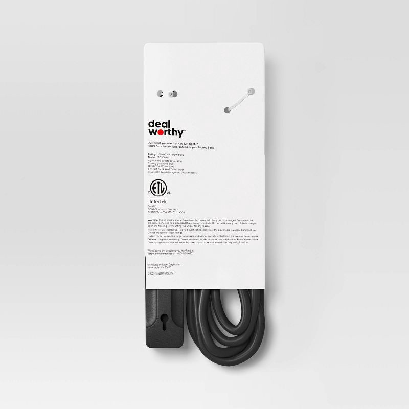 slide 3 of 3, 8' 6 Outlet Indoor Power Strip Black – Dealworthy™: 15A, 1875W, 14 AWG, 8ft Extension Cord, 3 Conductors, 8 ft