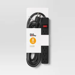 8' 6 Outlet Indoor Power Strip Black – Dealworthy™: 15A, 1875W, 14 AWG, 8ft Extension Cord, 3 Conductors