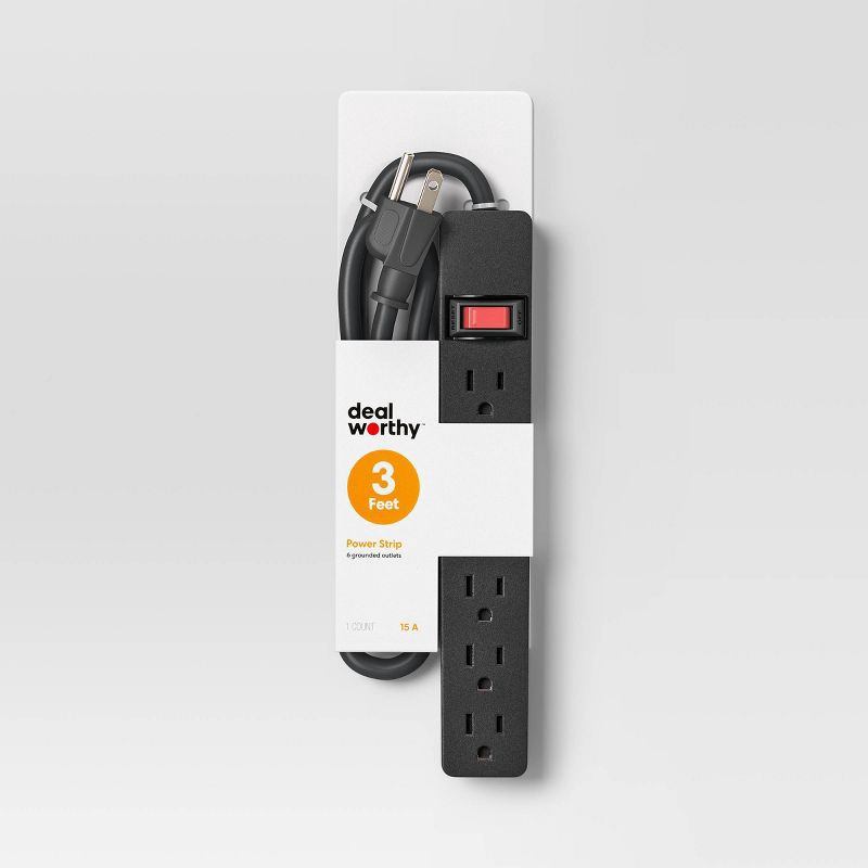 slide 1 of 3, 3' 6 Outlet Indoor Power Strip Black – Dealworthy™: 15A, 1875W, 14 AWG, 8ft Extension Cord, 3 Conductors, 8 ft