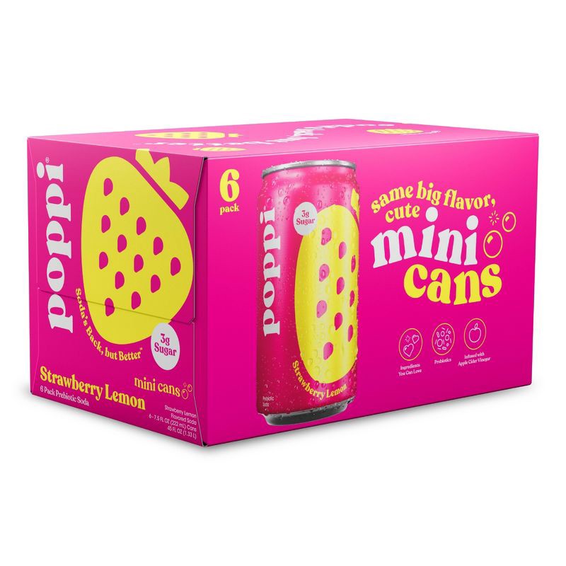 slide 1 of 8, poppi Strawberry Lemon Prebiotic Soda - 6PK/7.5 oz Mini Cans, 6 ct; 7.5 fl oz