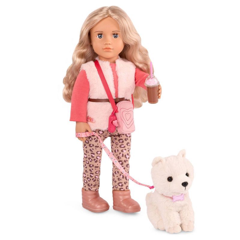 slide 2 of 7, Our Generation Kinsley & Kenzi 18" Doll & Pet Puppy Set: Blonde Wavy Hair, Gray Eyes, Plastic & Polyester Material, 1 ct