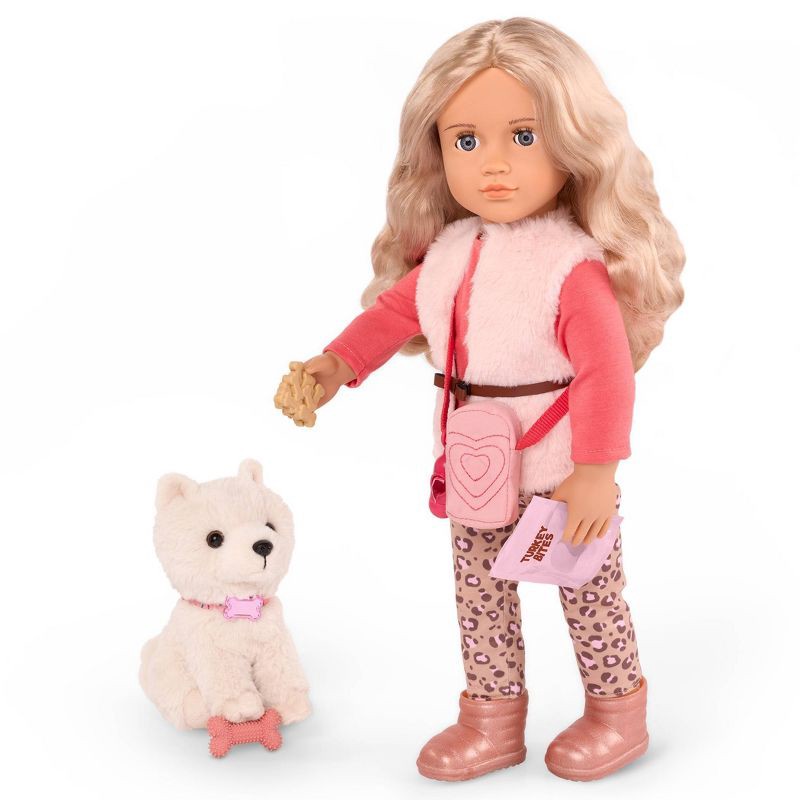slide 3 of 7, Our Generation Kinsley & Kenzi 18" Doll & Pet Puppy Set: Blonde Wavy Hair, Gray Eyes, Plastic & Polyester Material, 1 ct