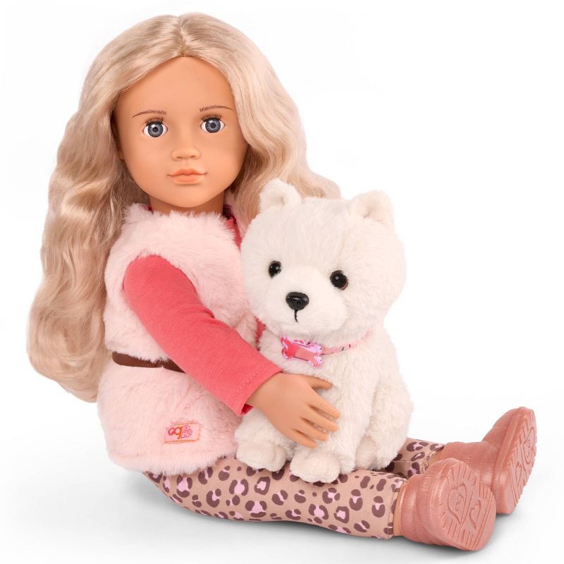 slide 5 of 7, Our Generation Kinsley & Kenzi 18" Doll & Pet Puppy Set: Blonde Wavy Hair, Gray Eyes, Plastic & Polyester Material, 1 ct