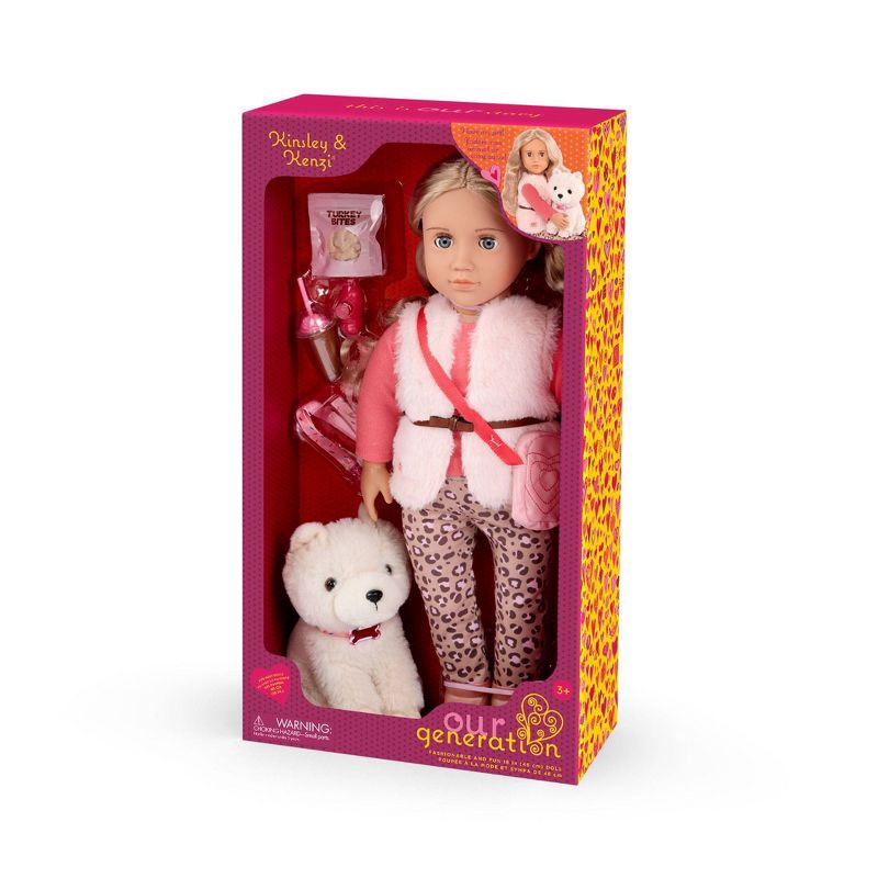 slide 7 of 7, Our Generation Kinsley & Kenzi 18" Doll & Pet Puppy Set: Blonde Wavy Hair, Gray Eyes, Plastic & Polyester Material, 1 ct