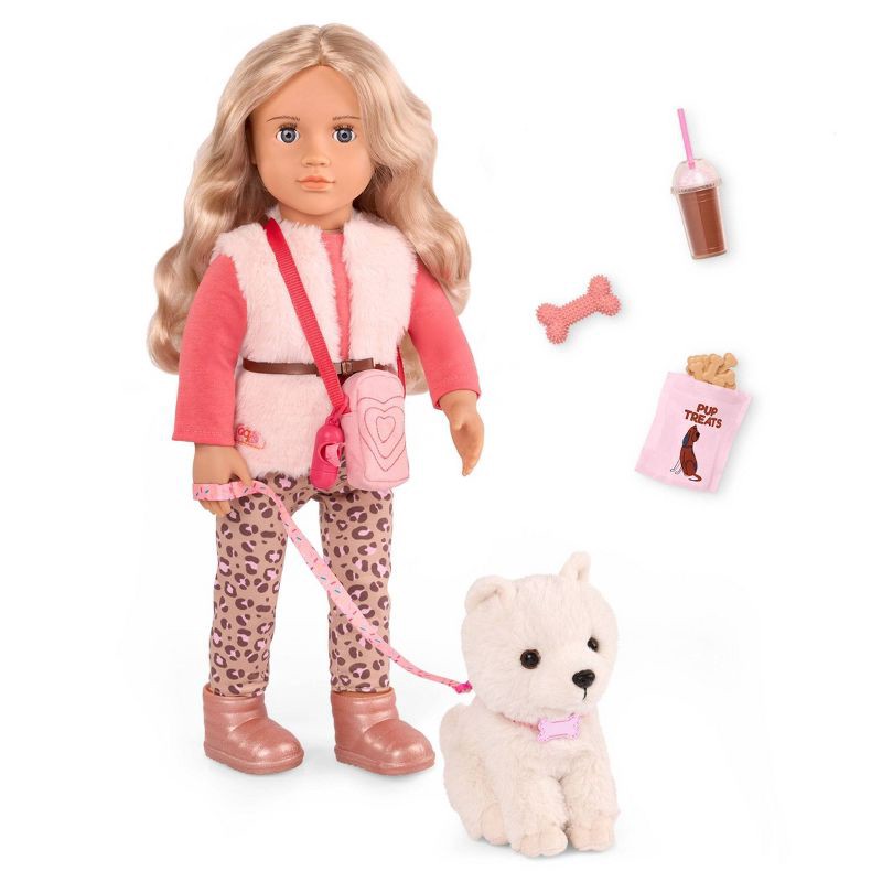 slide 1 of 7, Our Generation Kinsley & Kenzi 18" Doll & Pet Puppy Set: Blonde Wavy Hair, Gray Eyes, Plastic & Polyester Material, 1 ct