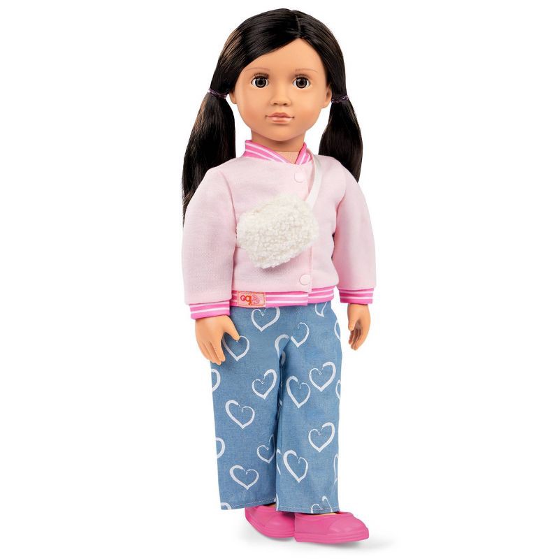 slide 3 of 7, Our Generation School Sweetheart Pink Varsity Jacket Outfit for 18" Dolls: Plastic & Polyester 5-Piece Apparel Set, 1 ct