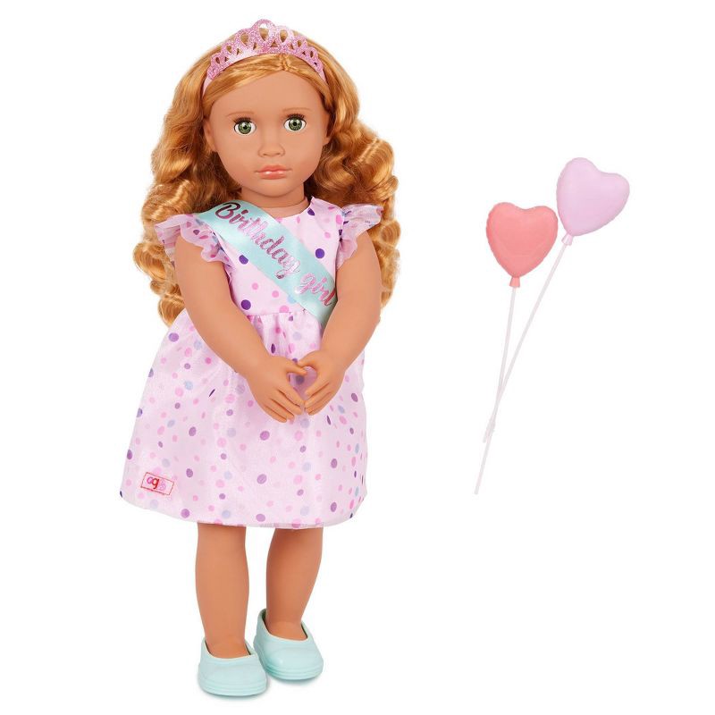 slide 2 of 5, Our Generation Esme 18" Doll with Pink Birthday Party Dress & Accessories: Blonde Hair, Green Eyes, Fashion Doll, 1 ct