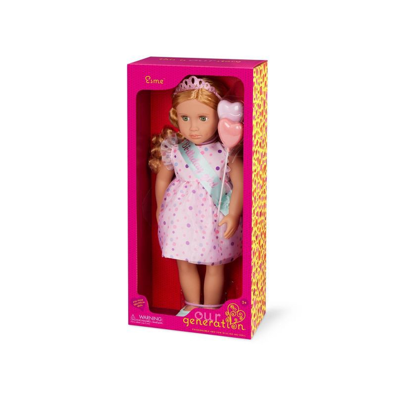 slide 5 of 5, Our Generation Esme 18" Doll with Pink Birthday Party Dress & Accessories: Blonde Hair, Green Eyes, Fashion Doll, 1 ct