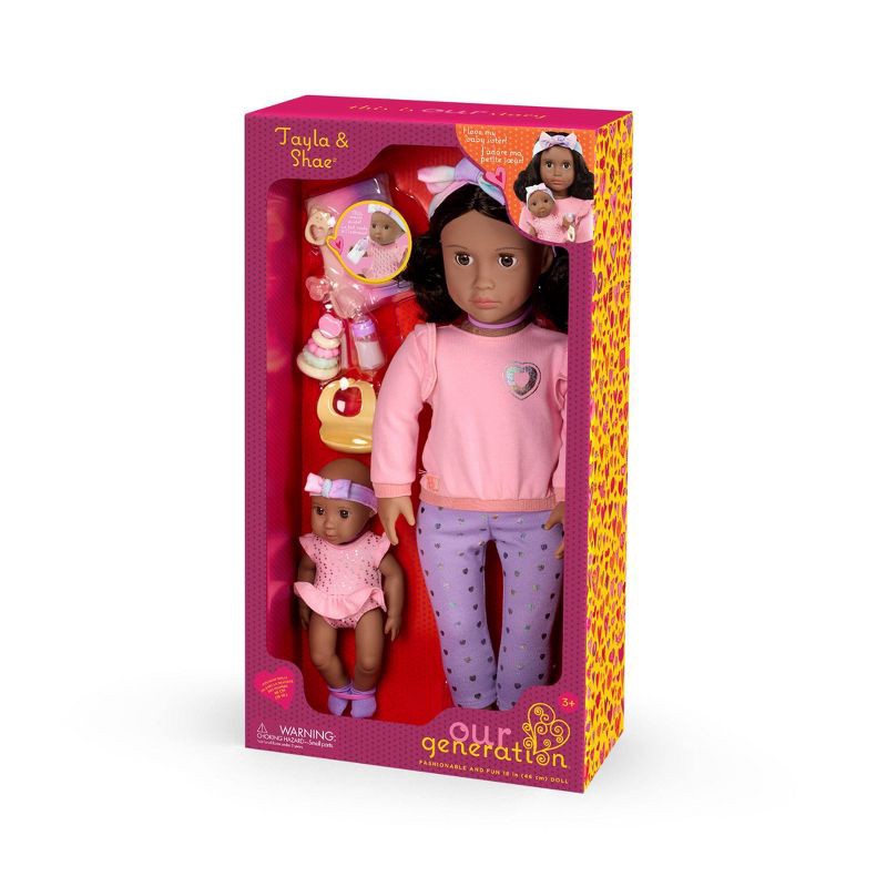 slide 10 of 10, Our Generation Tayla & Shae 18" Babysitter Doll & Baby Doll Sister with Accessories Playset: Brown Curly Hair, Plastic Materials, 1 ct