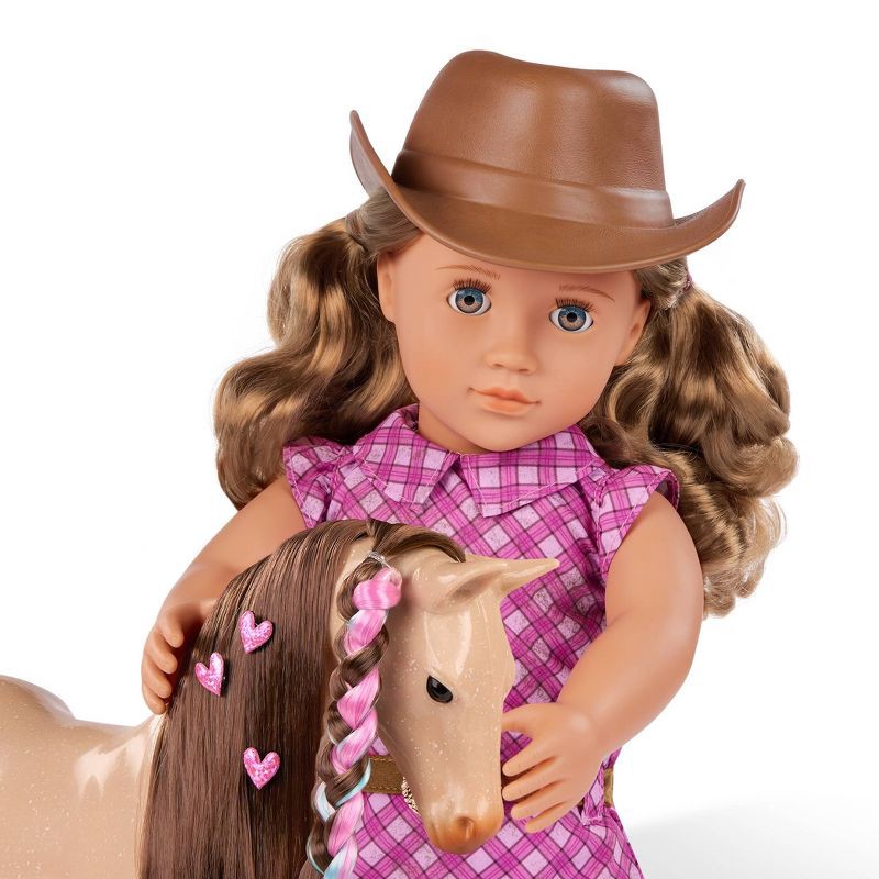 slide 5 of 8, Our Generation Callie with Hair Play Foal 18" Doll & Horse Accessory Set: Plastic & Polyester, Wavy Blonde Hair, Blue Eyes, 1 ct